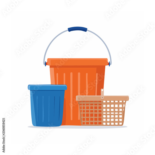 Flat Design Trash Bin and Baskets Illustration