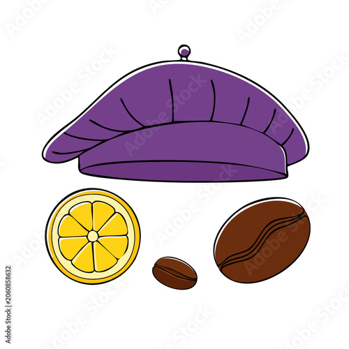 Purple Beret Hat with Lemon and Coffee Beans Illustration