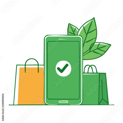 Smartphone with checkmark and shopping bags illustration