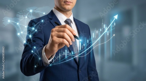 Business analyzing digital holographic financial growth chart and world map; realistic photo of corporate economic success.
