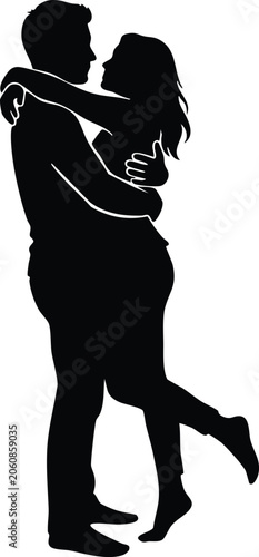 Romantic Couple Silhouette Vector Illustration, Loving Man and Woman Embrace Black Shadow Isolated on White Background