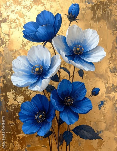 Vibrant blue flowers with golden abstract texture