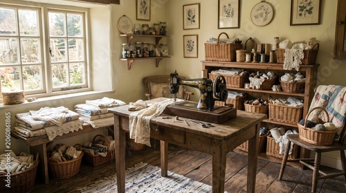 Cozy sewing room with antique sewing machine and craft supplies