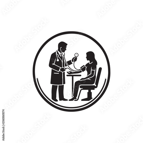 Circular black and white of a doctor measuring pressure of a patient, isolated on a white background, for medical diagnostics