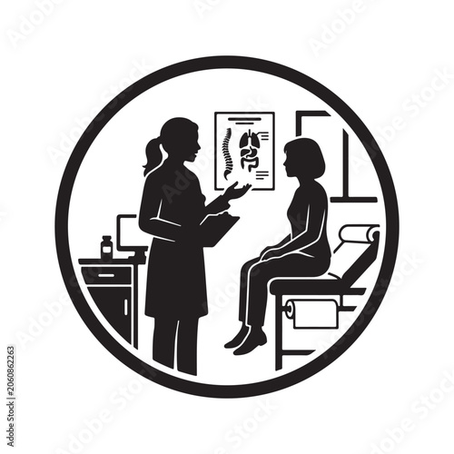 Circular medical showing a doctor talking to a patient in an office with an anatomy chart on the wall, black and white