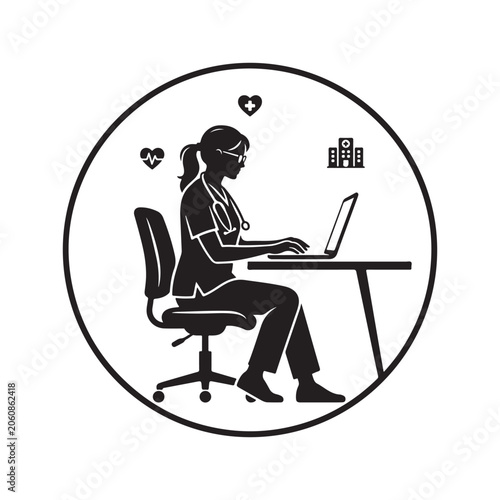 Circular of a female doctor sitting at a desk using a laptop, with medical symbols, black and white for healthcare services