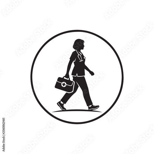 Circular of a female doctor walking and carrying a medical bag, black and white silhouette for healthcare and home visits