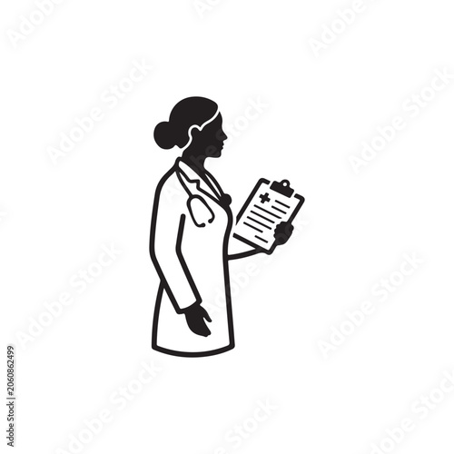 Female doctor silhouette wearing a lab coat and stethoscope holding a medical clipboard with a cross symbol on a white background