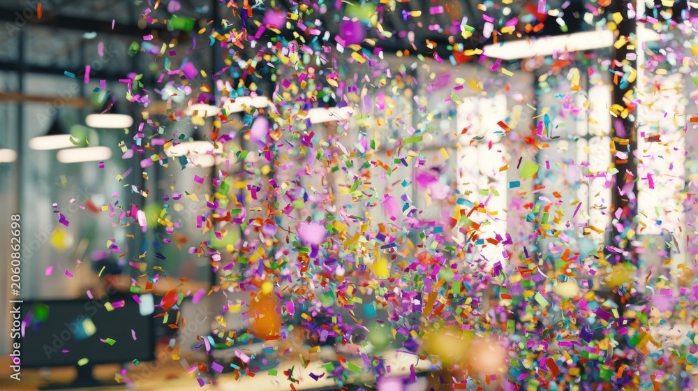 Fototapeta premium Colorful confetti falls in an office space during a celebration event