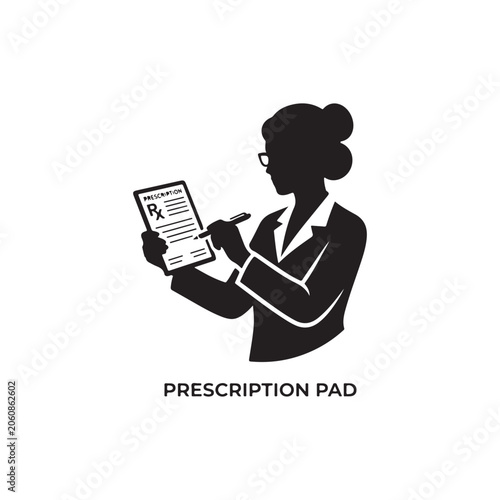 Female doctor silhouette writing on a prescription pad with a pen isolated on a white background, for medical documentation