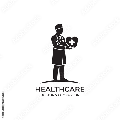 Healthcare featuring a silhouette of a doctor in a lab coat holding a heart symbol with a medical cross, isolated on white background