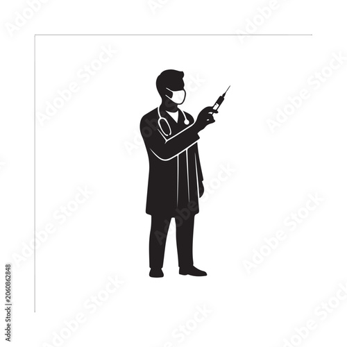 Male doctor silhouette wearing a medical mask and stethoscope holding a syringe isolated on a plain white background, for healthcare