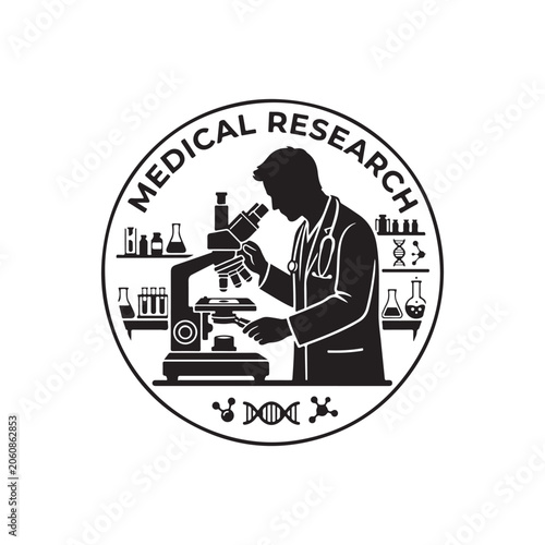 Medical research circular emblem featuring a doctor with a microscope and laboratory equipment on a white background, for science
