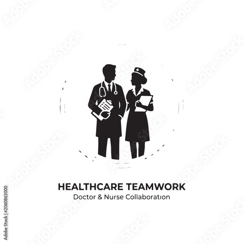 Minimalist black and white depicting a doctor and a nurse collaborating, isolated on a white background, for medical branding use