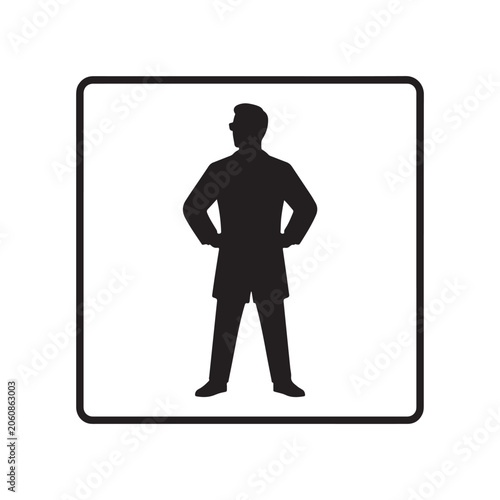 Silhouette of a doctor standing with hands on hips, isolated on a white background, black and white medical for health services