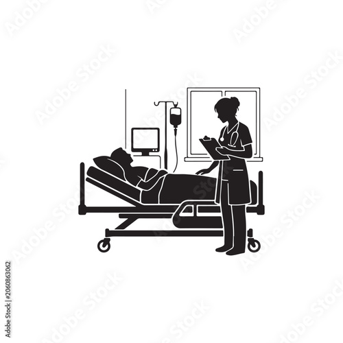 Silhouette of a female doctor standing next to a hospital bed with a patient, iv drip, and monitor on a white background