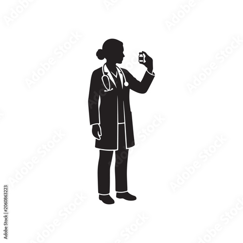 Silhouette of a female doctor wearing a lab coat and stethoscope holding a small medicine bottle isolated on a white background