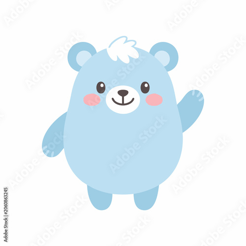 Cute Cartoon Blue Polar Bear Waving Isolated on White Background