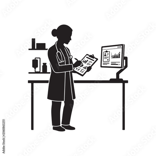Silhouette of a female doctor standing at a desk with a computer monitor and medical supplies while reviewing a patient chart on a clipboard
