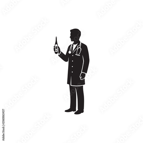 Silhouette of a male doctor in a lab coat holding a digital thermometer isolated on a white background, for medical health concepts