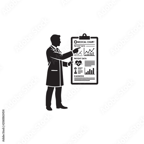 Silhouette of a male doctor in a white coat pointing at a medical chart with patient data, graphs, and heart rate monitor on a white background