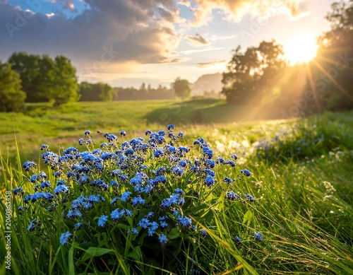 Vibrant blue wildflowers in a lush green meadow during golden hour sunset