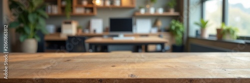 Clean wooden table, out-of-focus office setting, surface, desk, focus