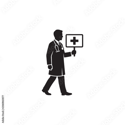 Walking male doctor silhouette wearing a white coat and stethoscope holding a medical cross sign isolated on a plain white background