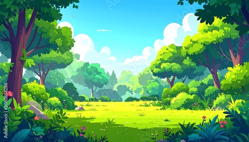 Vibrant cartoon forest landscape with sunny meadow and lush greenery