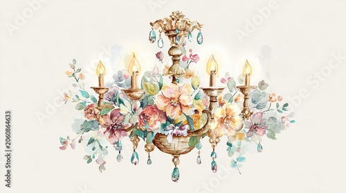 A vintage chandelier adorned with glowing candles and pastel-colored floral arrangements, blending elegance with delicate artistry.