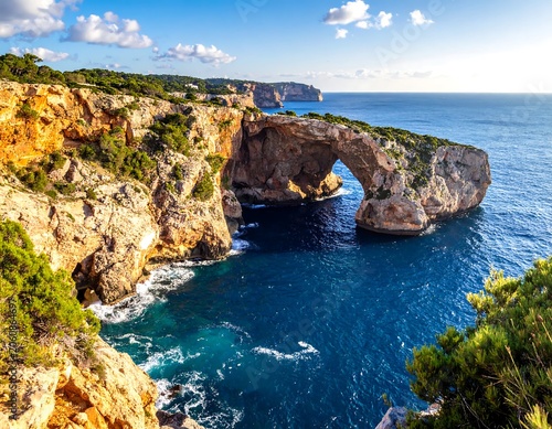 Stunning natural rock arch overlooking vibrant blue sea in coastal landscape