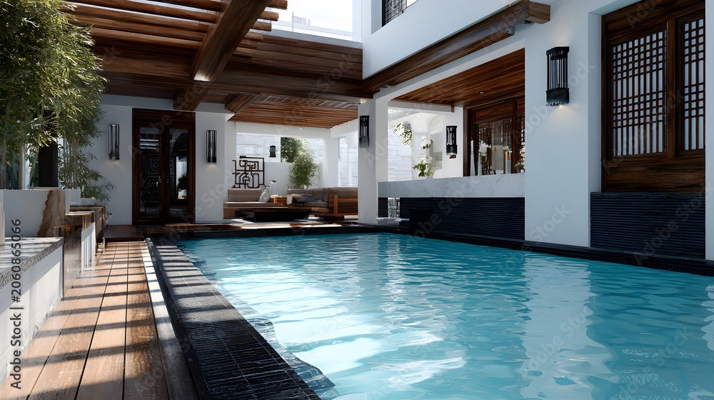 Fototapeta premium swimming pool in a modern luxury house with natural ethnic architecture