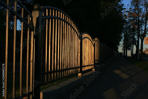 Golden light touches metal fence at dusk