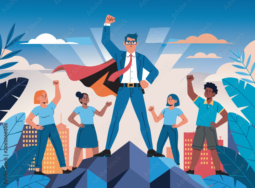 Obraz premium Superhero Business Leader with Empowered Team Standing on Mountain Peak Success Concept Vector Illustration