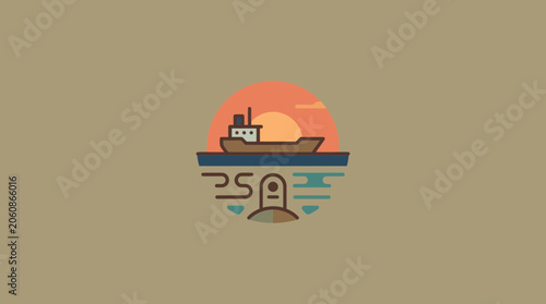 Minimalist Flat Vector Illustration of a Ship and Submarine at Sunset