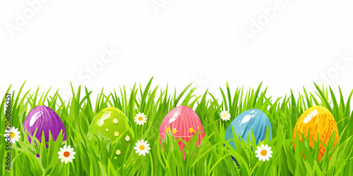Canvastavla Floral ornament with easter eggs and green grass on white background
