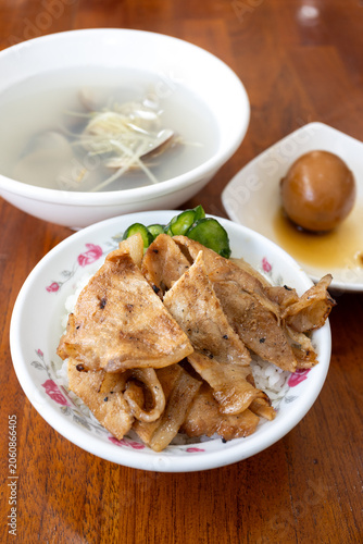 Taiwanese grilled pork rice bowl with soup and braised egg