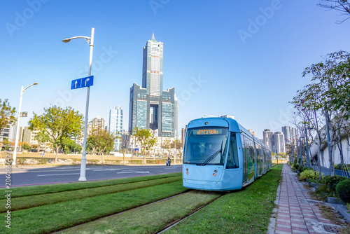 Kaohsiung Light Rail train near Kaohsiung Exhibition Center Station in Kaohsiung, Taiwan