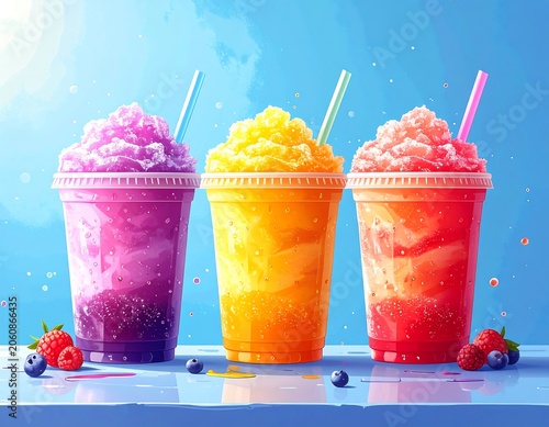 Vibrant colorful frozen smoothies with fresh fruit garnishes on a table