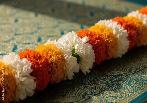 Orange and white marigold garland on teal fabric traditional indian flower decoration