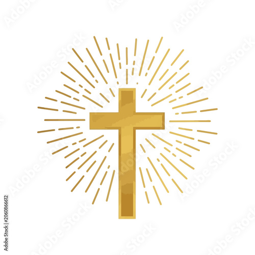 Golden cross symbol surrounded by sunburst lines on white background