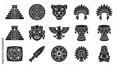 Aztec icons, ancient symbols, black vector graphics, 13 elements