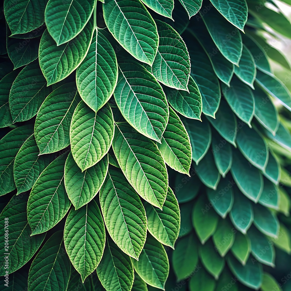 Fototapeta premium Lush green foliage cascade close up of overlapping leaves