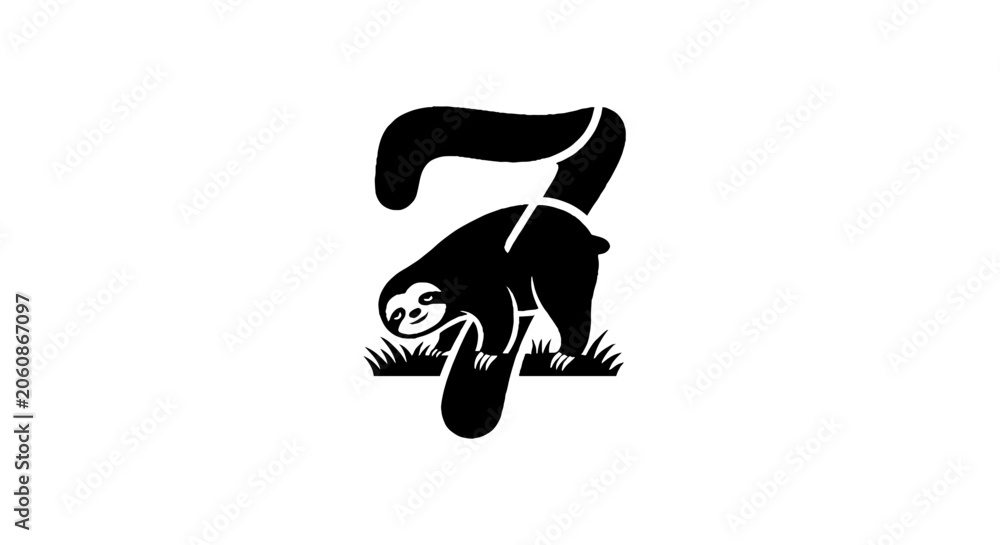 Fototapeta premium Black and white illustration of a sloth hanging from a number seven.