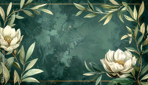White magnolia flowers and green leaf border top view for invitation artistic digital painting with soft lighting on dark emerald green textured background.