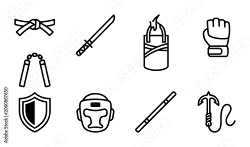 Obraz na plátne Martial Arts Icons Set: Karate Belt, Katana Sword, Punching Bag, Boxing Glove, N