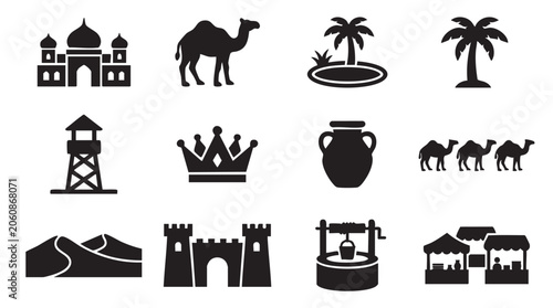 Desert, travel, icons set, 12 black silhouettes, landmarks, camel, palm tree, crown, Middle Eastern, symbols, illustrations