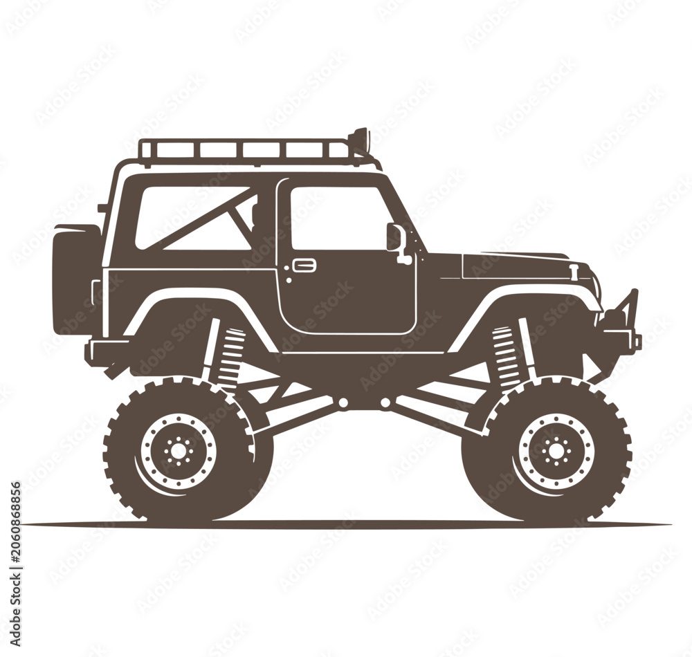 Fototapeta premium Brown offroad vehicle with large tires and roof rack on white background