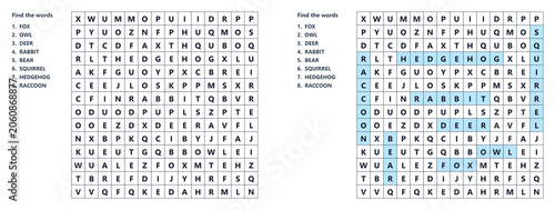 Fotografie Forest Animals Word Search Puzzle Worksheet, Word seek puzzle sheet