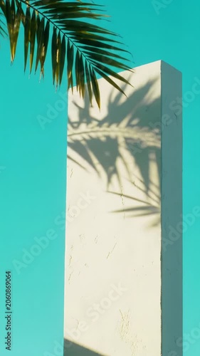A delicate vibrant green palm frond casts dancing, shifting shadows onto a pristine white architectural wall transitioning to turquoise, bathed in warm golden hour sunlight, evoking tranquil clarity